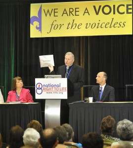 New Orleans Archbishop Gregory M. Aymond speaks during the National Right to Life Convention in New Orleans July 9. (CNS photo/Peter Finney Jr., Clarion Herald)