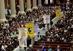 The 42nd annual Catholic Schools Week Mass begins with a procession of school banners at the Cathedral of Saint Peter in Chains in Cincinnati Tuesday, Feb. 2, 2016. (CT Photo/E.L. Hubbard)