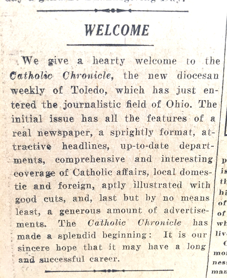 This brief from the Nov. 29, 1934 edition of The Catholic Telegraph informed local readers that the neighboring Diocese of Toledo had founded a Catholic press. (CT File)