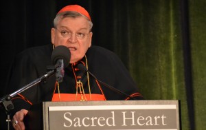 Cardinal Raymond Burke spoke for 40 minutes on "The Gospel of Life and Catholic Radio" at Sacred Heart Radio's 15th Anniversary Dinner May 11 at the Sharonville Convention Center. (CT Photo/John Stegeman)