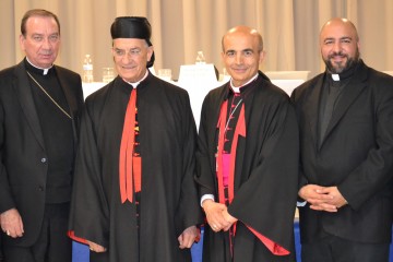 Key speakers at the One Church of Mercy conference held at Annunciation of the Blessed Virgin Mary in Clifton July 1 included, from left, Archbishop of Cincinnati Dennis M. Schnurr; Patriarch of the Maronite Church, Mar Bechara Peter Cardinal Rai of Lebanon; Bishop A. Elias Zaiden, Bishop of the Maronite Eparchy of Our Lady of Lebanon, Los Angeles; and Fr. George Hajj, pastor of St. Anthony of Padua Maronite Parish in Cincinnati. (CT Photo/Steve Trosley)