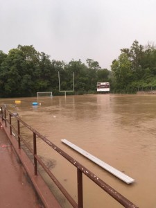 After torrential rains, Bron Bacevich Stadium at Roger Bacon High School was underwater. (Courtesy Photo)