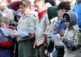 Scouts sing during the Peterloon Camporee Mass at Camp Friedlander in Loveland Sunday, October 9, 2016. (CT Photo/E.L. Hubbard)