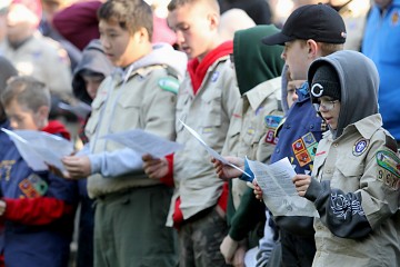 Scouts sing during the Peterloon Camporee Mass at Camp Friedlander in Loveland Sunday, October 9, 2016. (CT Photo/E.L. Hubbard)