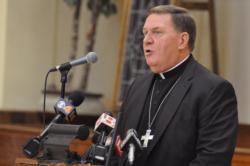 Joseph W. Tobin of Indianapolis speaks at an Oct. 10 news conference at the Archbishop Edward T. O'Meara Catholic Center in Indianapolis about being named a cardinal by Pope Francis the day before. (CNS photo/Sean Gallagher, The Criterion)