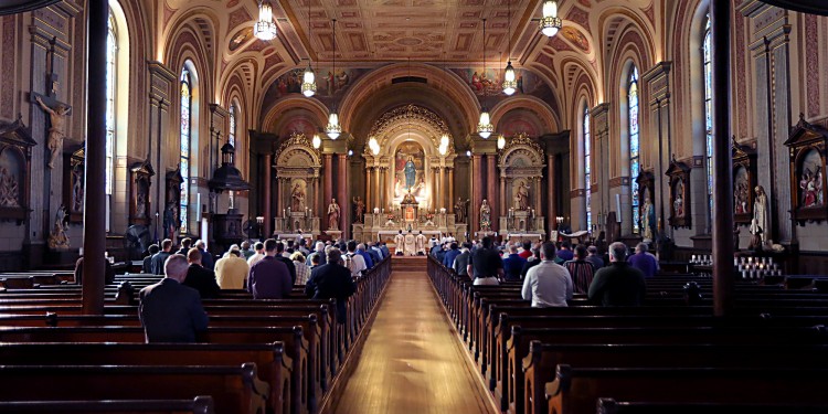 Men gather in Old St. Mary’s Church after the Men's Holy Name Society Eucharistic Procession through downtown Cincinnati on Saturday, October 8, 2016. (CT Photo/E.L. Hubbard)