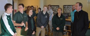 McNicholas students chat with Archbishop Schnurr before the start of the teleconference. Pictured from left are Cam Massa, Atticus Block, Vanessa Bayliss, Noah Kohl, and Anna Kellerman, all seniors. (Courtesy Photo)