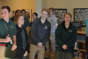 McNicholas students chat with Archbishop Schnurr before the start of the teleconference. Pictured from left are Cam Massa, Atticus Block, Vanessa Bayliss, Noah Kohl, and Anna Kellerman, all seniors. (Courtesy Photo)
