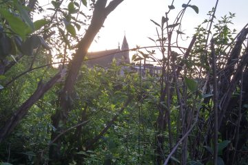 As one walks away from a prayerful morning, Holy Cross Immaculata Church in the distance. (Greg Hartman/CT Photo)