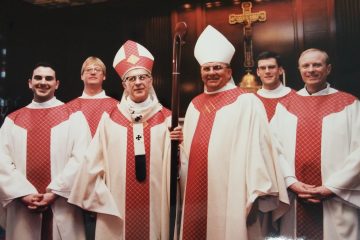 Archbishop Daniel Pilarczyk and Bishop Carl Moeddel with Fathers Jeffrey Fullmer, Mark Meyer, Patrick Sloneker, Ronald Piepmeyer