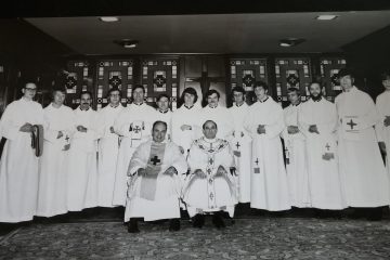 1973 Diaconate Ordination (l to r) William Cross, Dohrman Byers, David Kelley, Harold Kist, Henry Albeitz, Thomas Brunner, Robert Goebel, William Schooler, Patrick Duffy, Richard Sweeney, Thomas Meyer, William Drain, Albert Lauer, Anthony Backhof and Robert Wagner. Seated are Father Raymond Favret and Archbishop Joseph Bernardin