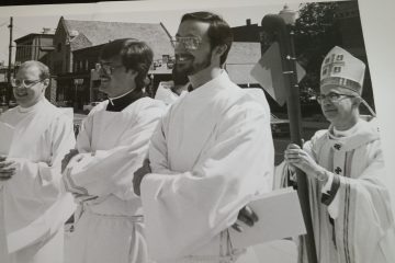 Deacons Jeffrey Silver, Steven Shoup, and Anthony Dattilo preparing for procession Ordination Day 1984