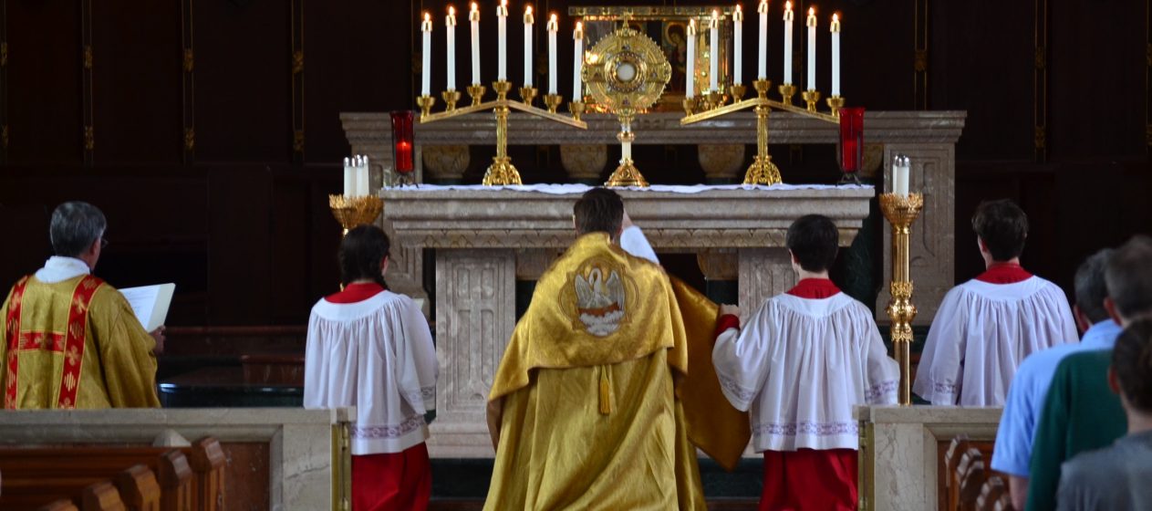 The Corpus Christi procession concluded with Benediction at the Chapel of St. Gregory the Great (CT Photo/Greg Hartman)