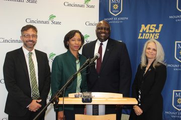 (l to r) Cincinnati State Provost Robbin Hoopes, JD; Cincinnati State President Dr. Monica J. Posey; Mount St. Joseph University President Dr. H. James Williams; Mount St. Joseph University Provost Dr. Diana Davis. (Courtesy Photo)