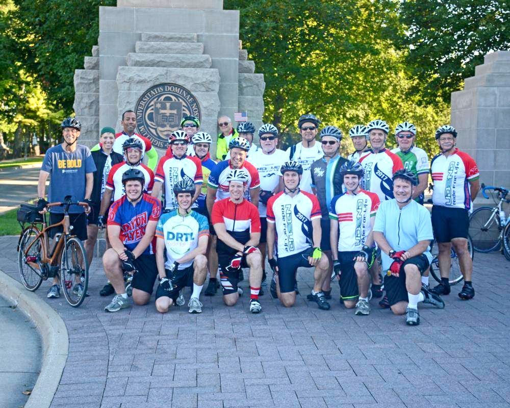 Cyclists preparing to leave the University of Notre Dame for the four-day, 240-mile trip to the University of Dayton. (Courtesy Photo)