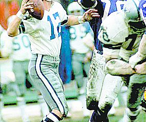 Purcell alumnus Roger Staubach heaves the “Hail Mary” pass to wide receiver Drew Pearson in 1975. (Courtesy Photo)