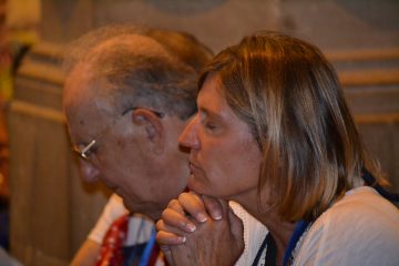 Pilgrims praying at Sacred Heart church in Barcelona Spain (CT Photo/Greg Hartman)