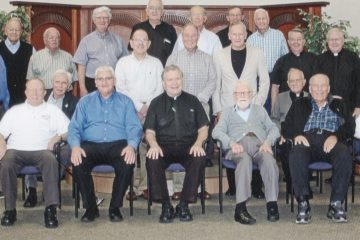 From left to right the Back Row: Frs. Jerome Bishop, Frank Voellmecke, Michael Flaherty, Terry Meehan, Pat Crone, Bob Obermeyer, Mike Pucke, Dave Robisch; Middle Row, Frs. Benedict O'Cinnsealaigh, Bob Schmitz, Bob Goebel, John Wall, Ray Kellerman, Tom Dennemann, Tom King, Mike Leshney, Dennis Dettenwanger, and Archbishop Dennis Schnurr; Front Row: Frs. Tom Fitzsimmons, Clarence Heis, Dale Petreka, Joe Beckman, Carl Wollering, nad Jack Wessling. (Courtesy Photo)