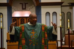 Deacon Royce Winters preaching at the Black Catholic History Mass at the University of Dayton (CT Photo/Greg Hartman)