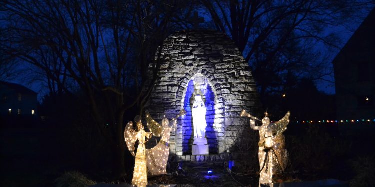The Grotto bathed in light at Guardian Angels. (CT Photo/Greg Hartman)