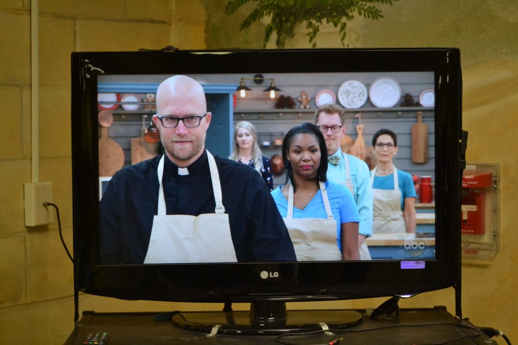It begins! Father Kyle Schnippel on ABC's Great American Baking Show! (CT Photo/Greg Hartman)