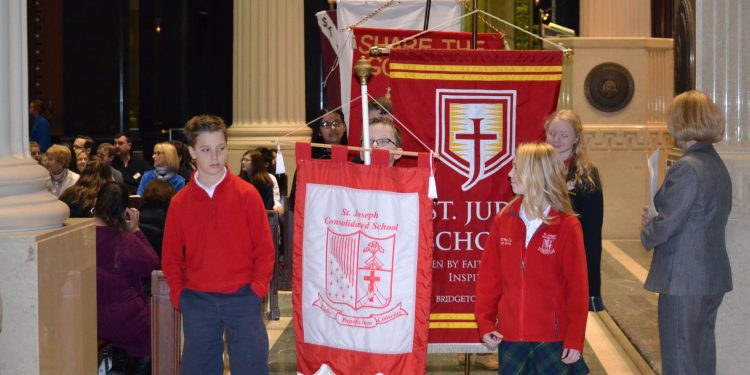 Students from St. James the Greater in the Procession of School Banners (CT Photo/Greg Hartman)