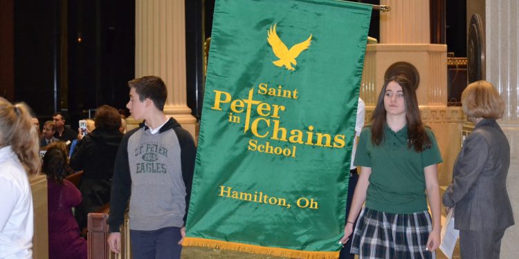Students from St. Peter in Chains Hamilton in the Procession of the School Banners (CT Photo/Greg Hartman)