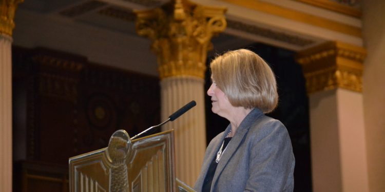 Superintendent of Schools, Susie Gibbons, welcomes students, faculty, and staff to the 2018 Catholic Schools Week Mass (CT Photo/Greg Hartman)