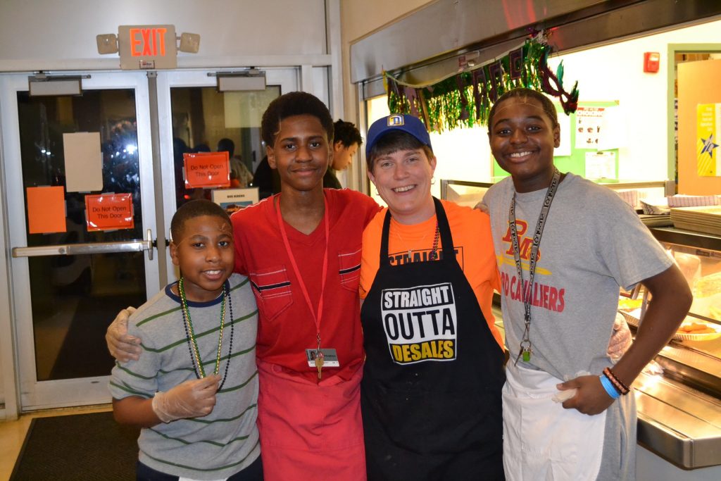 St. Francis DeSales Fish Fry Friday. From left to right Daniel Powell, Markus Adam-Scott, Principal Joanne Browarsky and Isaiah Smiley. (CT Photo/Greg Hartman)