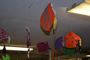 The cafeteria area was decked out with fish artwork at the Cardinal Pacelli Fish Fry (CT Photo/Greg Hartman)