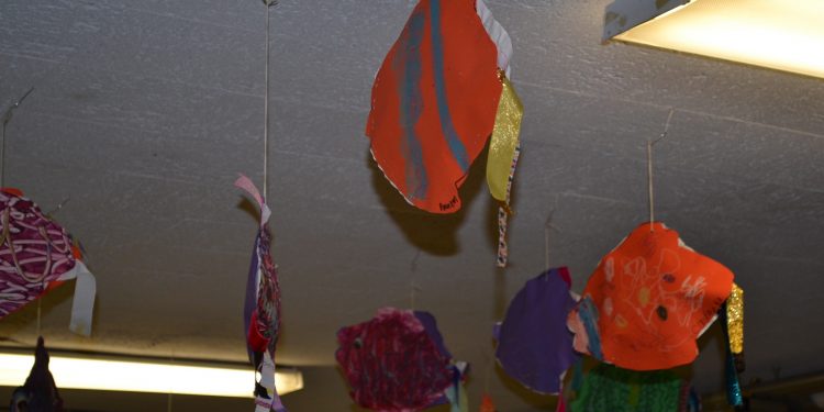 The cafeteria area was decked out with fish artwork at the Cardinal Pacelli Fish Fry (CT Photo/Greg Hartman)