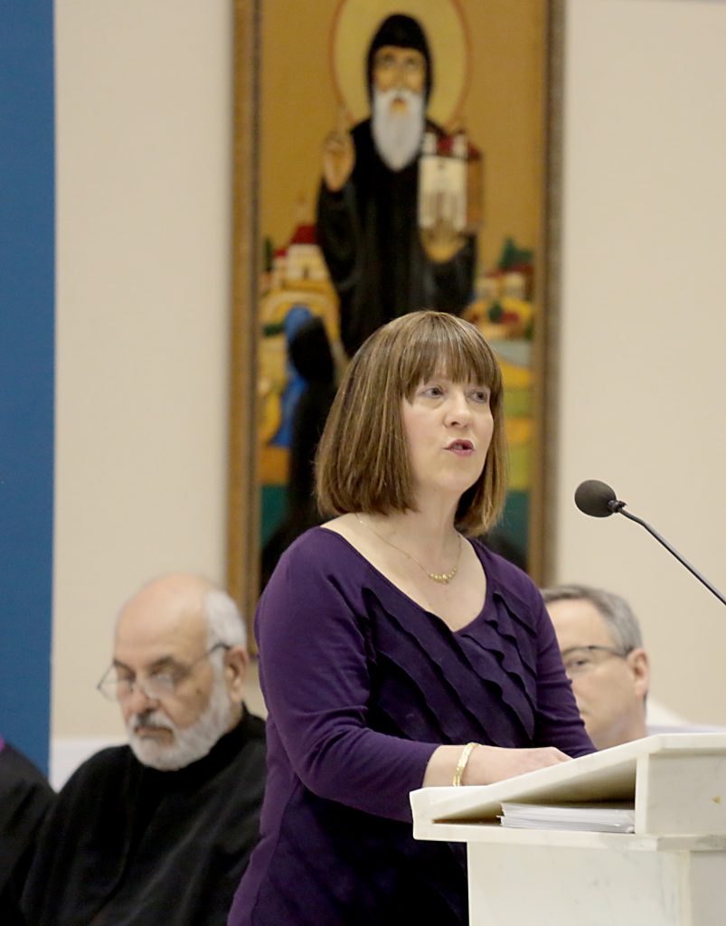 Linda Conour reads from the Bible during the Lenten Prayer Service for Christian Unity and Religious Freedom at St. Anthony of Padua Maronite Catholic Church in Cincinnati Saturday, Mar. 10, 2018. (CT Photo/E.L. Hubbard)