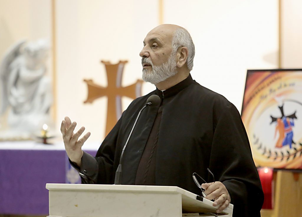 Fr. Nabil Fino, from St. James Antiochian Orthodox Church in Lebanon, delivers his Reflection on the Word during the Lenten Prayer Service for Christian Unity and Religious Freedom at St. Anthony of Padua Maronite Catholic Church in Cincinnati Saturday, Mar. 10, 2018. (CT Photo/E.L. Hubbard)