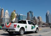 The statue of St. Patrick leads the annual St. Patrick's Day Parade in Cincinnati Saturday, Mar. 10, 2018. (CT Photo/E.L. Hubbard)