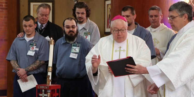 Bishop Binzer leads Easter Vigil where 7 Men entered the Catholic Church. (CT Photo/Greg Hartman)