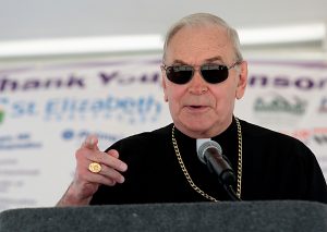 Bishop Roger Foys, Diocese of Covington, speaks during the Cross the Bridge for Life celebration on Riverboat Row in Newport, Sunday, June 3, 2018. (CT Photo/E.L. Hubbard)