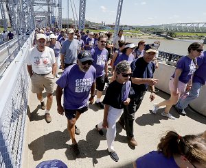 Thousands cross the Purple People Bridge during the Cross the Bridge for Life celebration on Riverboat Row in Newport, Sunday, June 3, 2018. (CT Photo/E.L. Hubbard)