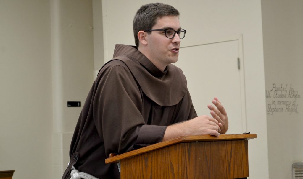 Brother Casey Cole OFM spoke at St. Monica-St. George on July 10. (CT Photo/Greg Hartman)