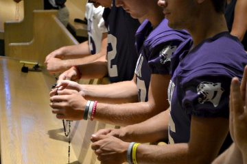 Men from Elder pray the Luminous Mysteries of the Rosary. The Rosary was led by Fr. Anthony Brausch, Rector of Mt. St. Mary's Seminary (CT Photo/Greg Hartman)