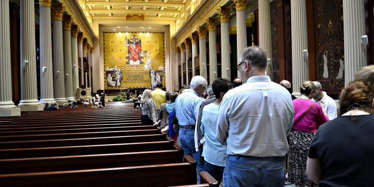 The lines were long throughout the day to venerate the relics of St. Padre Pio (CT Photo/Greg Hartman)