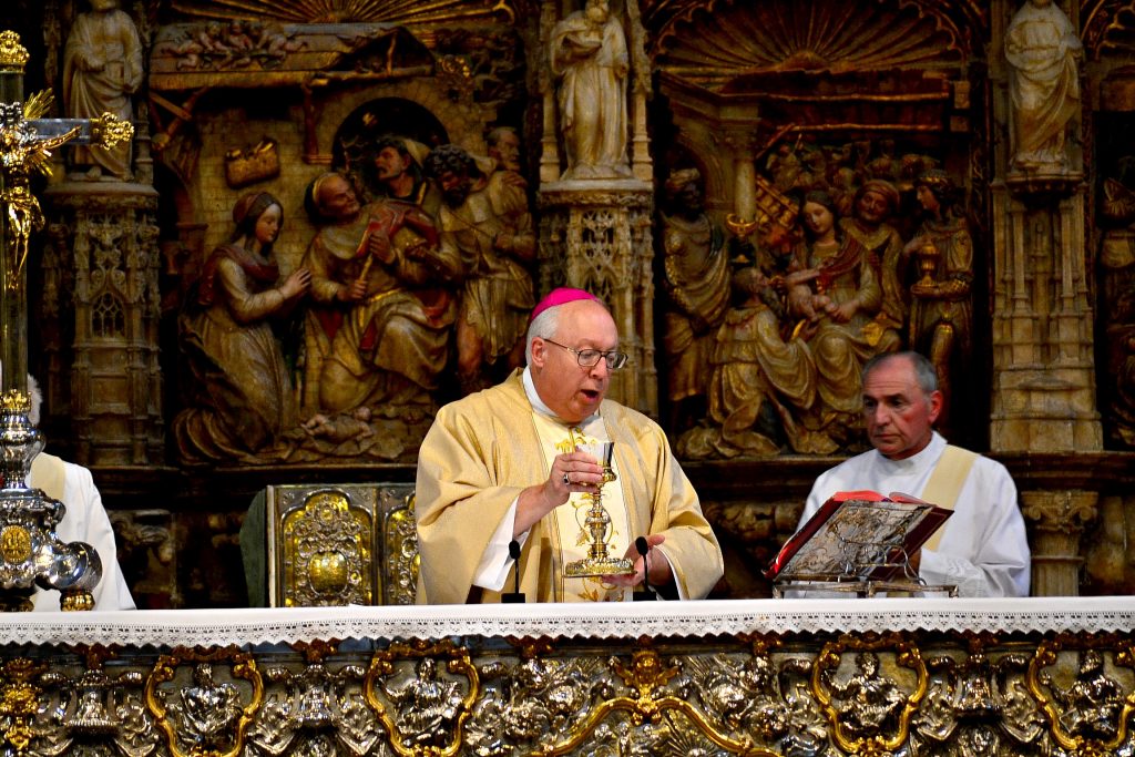 Bishop Joseph Binzer celebrated Mass at Our Lady of the Pilar on Saturday, September 30, 2017 on pilgrimage in Zaragosa Spain. (CT Photo/Greg Hartman)