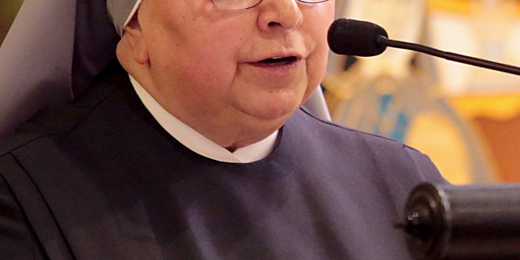 Sister Mary Imelda gives the Second Reading for the Mass of Thanksgiving for the 150th Anniversary of the Arrival of the Little Sisters of the Poor in Cincinnati at St. Monica-St. George Parish in Cincinnati Saturday, Oct. 20, 2018. (CT Photo/E.L. Hubbard)