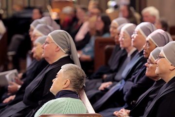 Little Sisters of the Poor listen to Archbishop Dennis Schnurr’s Homily for the Mass of Thanksgiving for the 150th Anniversary of the Arrival of the Little Sisters of the Poor in Cincinnati at St. Monica-St. George Parish in Cincinnati Saturday, Oct. 20, 2018. (CT Photo/E.L. Hubbard)