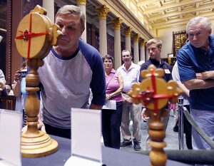 Parishioners examine the relics of Saint Pio of Pietrelcine, O.F.M Cap, at Saint Peter in Chains Cathedral in Cincinnati Wednesday, Oct. 3, 2018. (CT Photo/E.L. Hubbard)