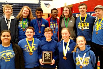 Lehman Catholic Science Olympiad Team members who participated in the Regional Science Olympiad. Back Row: Casey Topp, Mary Deafenbaugh, Joshua George, Rebecca Sanogo, Ann Deafenbaugh, Nicholas Largent and Aaron Topp. Front Row: Lexy Casillas, Joe Ritze, Max Schmiesing, Angela Brunner and Emily Bornhorst. Not Pictured: Elias Bezy, Jacquie Schemmel and Michael O'Leary.