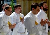 Front Row, Deacon Andrew Hess, Deacon Ambrose Dobrozsi; 2nd Row: Deacon Jeff Stegbauer, Deacon Mark Bredestege entering the Cathedral of St. Peter in Chains. (CT Photo/Greg Hartman)