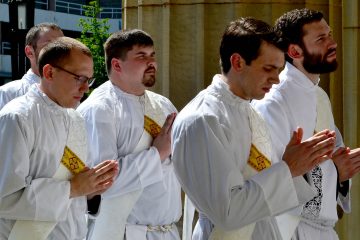 Front Row, Deacon Andrew Hess, Deacon Ambrose Dobrozsi; 2nd Row: Deacon Jeff Stegbauer, Deacon Mark Bredestege entering the Cathedral of St. Peter in Chains. (CT Photo/Greg Hartman)