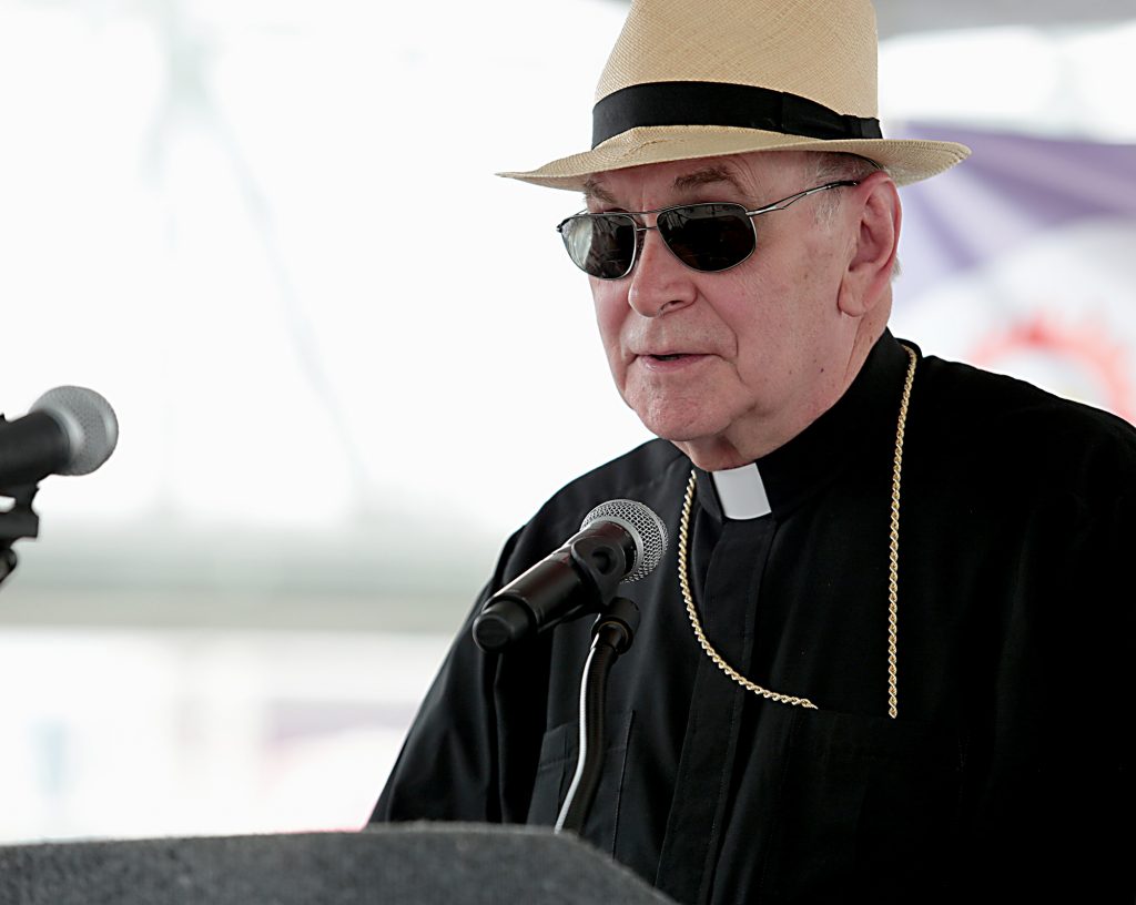 Bishop Roger Foys, Diocese of Covington, speaks during the Cross the Bridge for Life in Newport, Ky. Sunday, June 2, 2019. (CT Photo/E.L. Hubbard)
