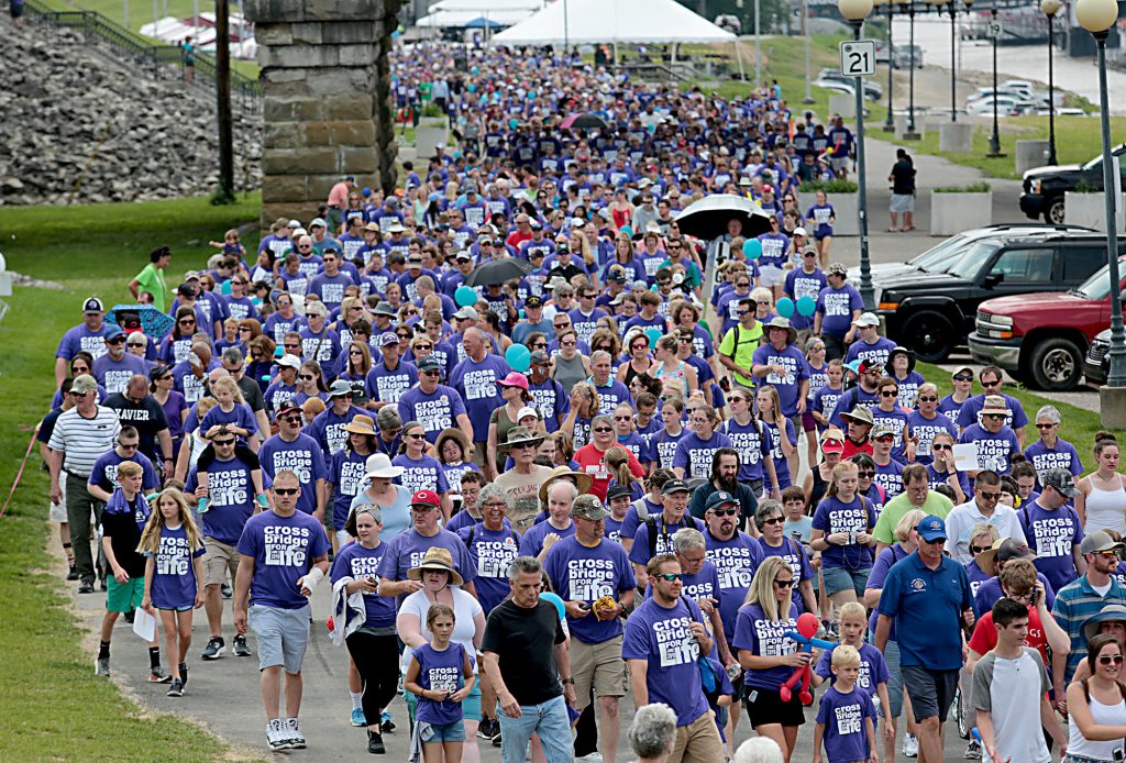 A sea of blue fills the levee during the Cross the Bridge for Life in Newport, Ky. Sunday, June 2, 2019. (CT Photo/E.L. Hubbard)