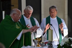 Father David Brinkmoeller concelebrates Mass at Our Lady of Merixtell in Merixtell, Andorra. left to right, Father Thomas Wray, Bishop Joseph Binzer, Father David Brinkmoeller (CT Photo/Greg Hartman)